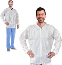 10 White Disposable Lab Coats 65gsm Medium /w Elastic Cuffs, Zipper - £25.65 GBP