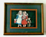 Vintage Framed Print Two Girls &amp; Teddy Bear Greens/Reds Artist BETTY McCOOL - $6.92