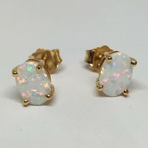 14K Yellow Gold Plated Silver Oval Simulated Opal 7x5mm Stud Earrings - £14.68 GBP