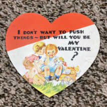 Vintage Valentines Day Card Boy Girl Dog on Cart Don&#39;t Want to Push Things - £4.69 GBP