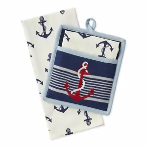 New Embroidered Fouled Anchor Pocket Pot Holder &amp; Dish Towel Gift Set - £12.91 GBP