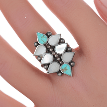 sz7 Zuni Flush inlay silver, turquoise and shell ring - £136.21 GBP