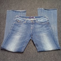 Vigoss Flare Jeans Women 9 32x32 Blue Embroidered Flap Stretch Denim Pants - $22.99