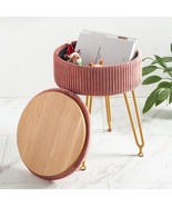 Upholstered Pleated Round Footrest Vanity Stool With Metal Legs, Coffee ... - £43.99 GBP
