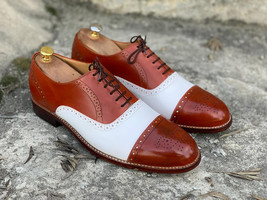 Handmade Men&#39;s Tan White Leather Cap Toe Brogue Lace Up Shoes, Men Dress Shoes - £108.43 GBP