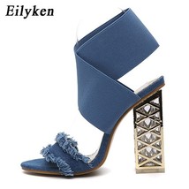 Eilyken Fashion Black Blue Denim Women Sandals Clear Heel Crystal Elastic band P - £40.70 GBP