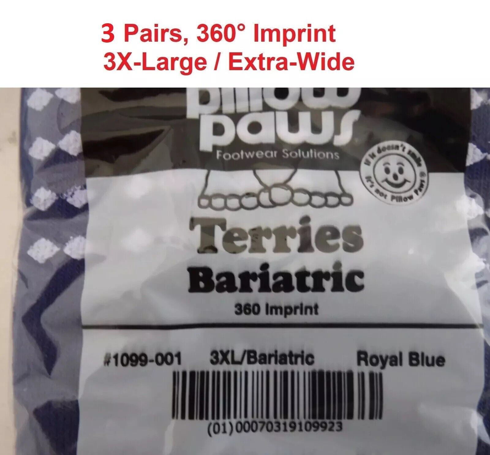 3 pairs Pillow Paws 1099-001 Terries Slipper Socks Bariatric Royal Blue ... - $14.74