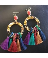 Colorful Tortoise Acetate Fringe Beaded Dangle Earrings - £14.23 GBP