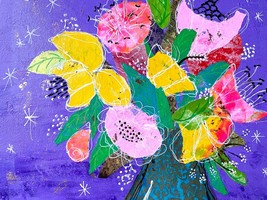 Funky Bouquet - Original Wall Art Mixed Media Collage Artwork 11”x14” - £151.07 GBP