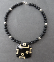 80s Beaded Necklace on Wire Black Cream Enamel Pendant Silver Tone Space... - $9.99