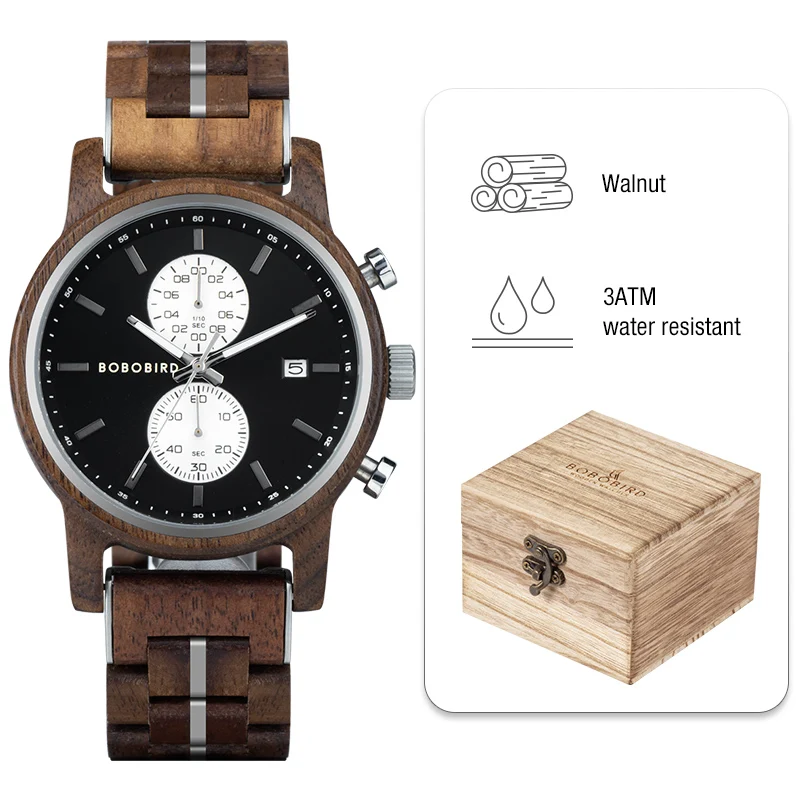 BOBO BIRD  Watch Men Business  Engraved en  Wristwatch with Date Display Custom  - £115.36 GBP