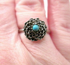 Silver Tone &amp; Faux Turquoise Flower Ring Adjustable - £7.21 GBP
