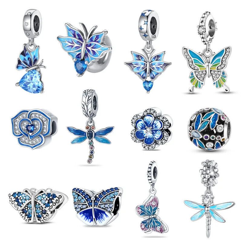 925 Sterling Silver Blue Murano Bead Pansy Flower Dangle Charm Necklace Jewelry - ₹1,139.73 INR