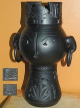 Vase 9&quot;matte Black clay woman crown earrings elephant ears deeply carved... - $88.46 CAD