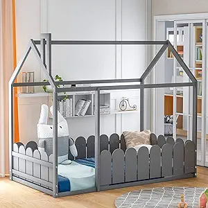 Merax Twin Size Wooden House Bed, Bed Frame with Fence-Shaped Guardrail ... - $424.99