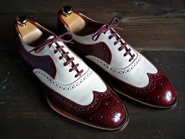 Men Maroon White Cont Brogue Toe Wing Tip Oxford Genuine Leather Shoes US 7-16 - £110.26 GBP