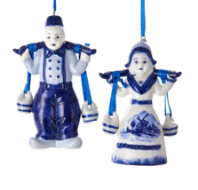 Kurt Adler Set Of 2 Porcelain Delft Blue Boy &amp; Girl w/ Jugs Christmas Ornaments - £12.56 GBP
