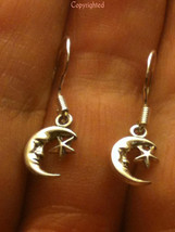 TINY Crescent Moon &amp; Star Dangle PETITE Earrings 925 Sterling Silver Handmade - £9.48 GBP