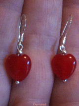 PETITE Natural Red Jade Heart Dangle Earrings 925 Sterling Silver HANDMADE - £11.85 GBP