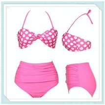 Pink Polka Dot Retro 60's Stlye High Waist 2 Pc Bathing Suit W/ Cup Bra Top 