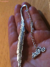 Handmade Silver Tone LARGE 4.5&quot; Leaf Bookmark with Dangling Harley HD Charm - $6.99