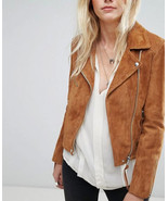Handmade Genuine Suede Leather Jacket Women Brown Motorcycle Biker Casua... - $189.76 CAD+