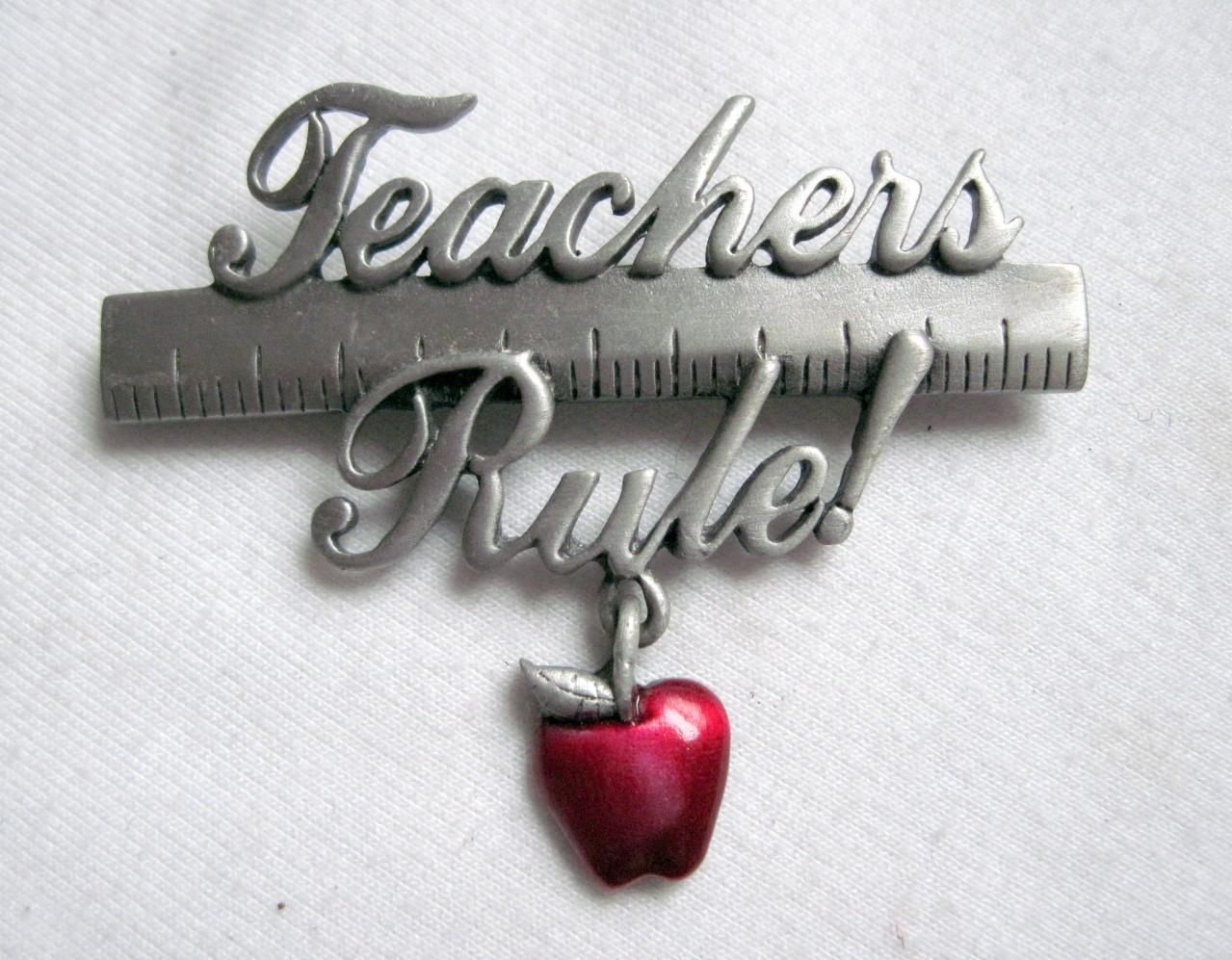 Jonette Jewelry JJ Teachers Rule Pewter Pin  Ruler & Enameled Apple Charm Dangle - $8.81