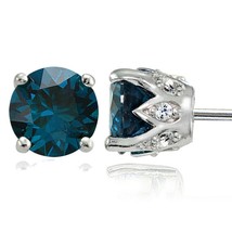 925 Sterling Silver Simulated Blue and White Topaz Crown Solitaire Stud Earrings - £36.93 GBP