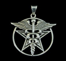 Solid 925 Sterling Silver Pentacle Star w/Caduceus Pendant Healing &amp; Protection - £37.66 GBP