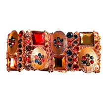 Red Crystal Gold Tone Stretch Bracelet Wide Colorful - $15.88