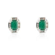 18K Gold Emerald &amp; Baguette Diamond Halo Studs - £1,679.85 GBP