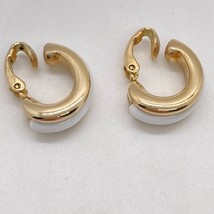 Vintage Avon Clip On Hoop Earrings Gold Tone White Acrylic Signed - $9.89