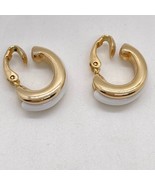 Vintage Avon Clip On Hoop Earrings Gold Tone White Acrylic Signed - £7.88 GBP