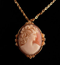 Antique genuine Cameo necklace - Vintage victorian CARVED PORTRAIT BROOCH -  ros - £131.89 GBP
