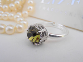 Khaki Swarovski Crystal Ring / Green Crystal Stackable Ring / Art Deco Filigree  - £23.11 GBP