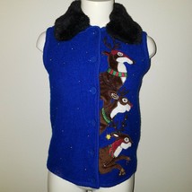 VTG Rudolph Reindeer Blue Christmas Vest Removable Collar Boiled Wool Ug... - $23.52