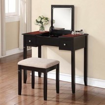 Black Cherry Finish Wooden 3pc Vanity Set Table Stool Makeup Mirror Bedr... - £319.15 GBP