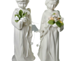 2 White Ceramic Angel Statue Figurines Battery Light Bouquet &amp; Beaded He... - $19.99
