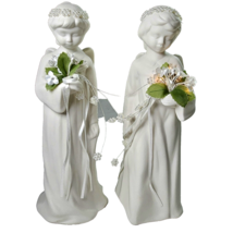 2 White Ceramic Angel Statue Figurines Battery Light Bouquet &amp; Beaded Headband - £15.66 GBP