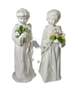 2 White Ceramic Angel Statue Figurines Battery Light Bouquet &amp; Beaded He... - $372.61 MXN