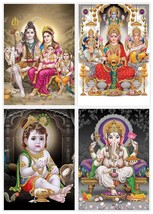 Pack of 4 God Poster Lord Krishna Shiva Parvati Ganesha Laxmi 13 x 19 Inch, - £23.45 GBP