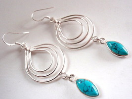 Turquoise Earrings Marquise Dangle with Triple Hoop 925 Sterling Silver Dangle - £17.23 GBP