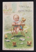 With Best Easter Wishes Baby w/ Eggs in Highchair Chicks A&amp;MB UDB Postca... - £11.76 GBP