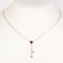 Rose Tone Necklace, Jet Black Inlay, Dangling Charms &amp; Roman Numerals - $24.99