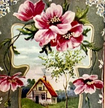 A Birthday Wish Greeting Postcard 1910s Gold Pink Flowers Farmhouse PCBG3D - £12.01 GBP