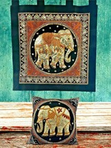 Vintage Thai Burmese Kalaga ELEPHANT Sequined Tapestry Wall Hanging Pillow SET - £85.62 GBP