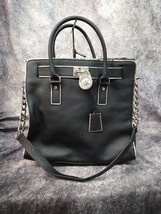 Black Michael Kors Leather Handbag Silver Chain Double Handle Hamilton Satchel - $43.65