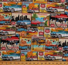 Cotton Route 66 Travel Transportation Cars States Fabric Print by  Yard D685.53 - £11.12 GBP