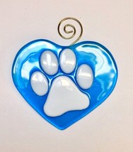 Turquoise Paw Heart Fused Glass Sun Catcher with White Paws - £23.45 GBP