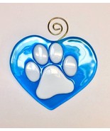 Turquoise Paw Heart Fused Glass Sun Catcher with White Paws - £23.90 GBP